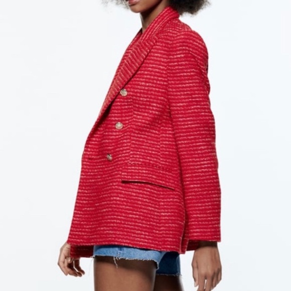 Red, textured double breasted blazer from Zara - NWT - Picture 12 of 14